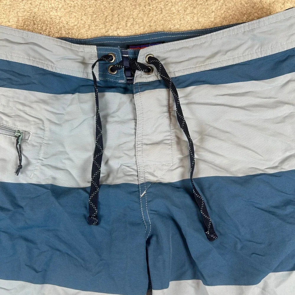 Patagonia Board Shorts Mens 30 Blue Striped Nylon Swim Trunks Side Zip Pocket